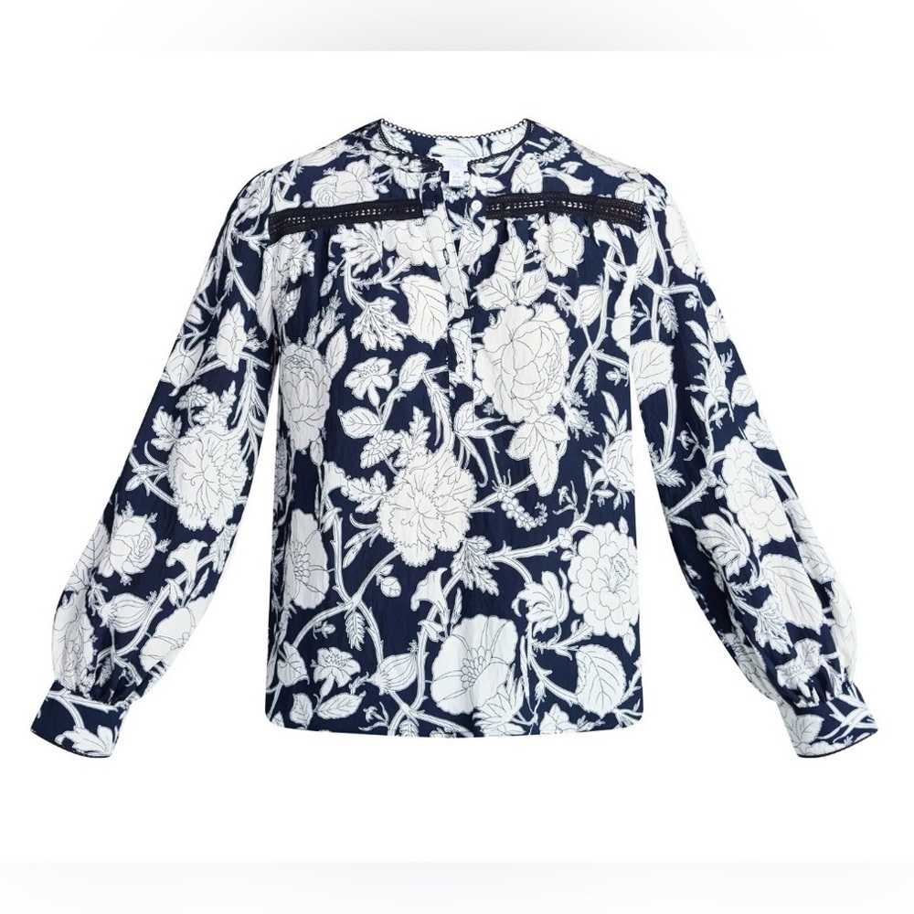 Time and Tru Women's XXXL Navy Floral Lace Yoke Shirt Long Sleeve Blouse NWT - Picture 2 of 11